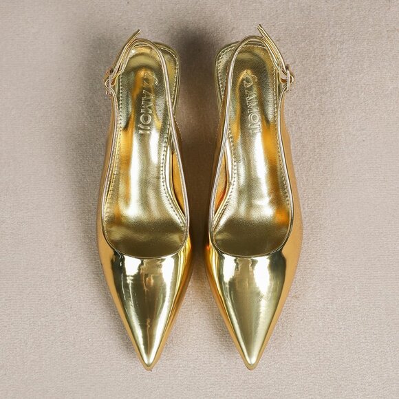 Amoji Women Gold-pu Polyurethane Low Kitten Heel Slingback Pointed Toe Sandals - Picture 4 of 8
